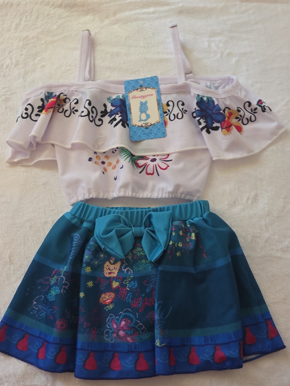 Girls Floral Off-Shoulder Top & Teal Skirt Set